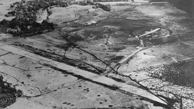 An aerial view of a field with trees and dirt.